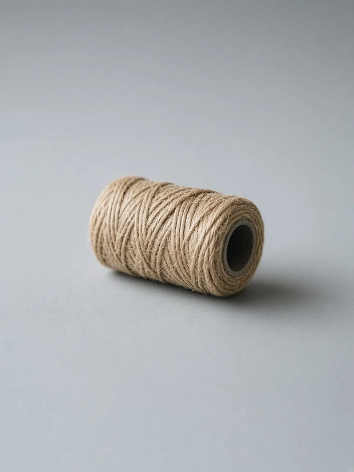 A spool of natural twine lying on its side on a desk