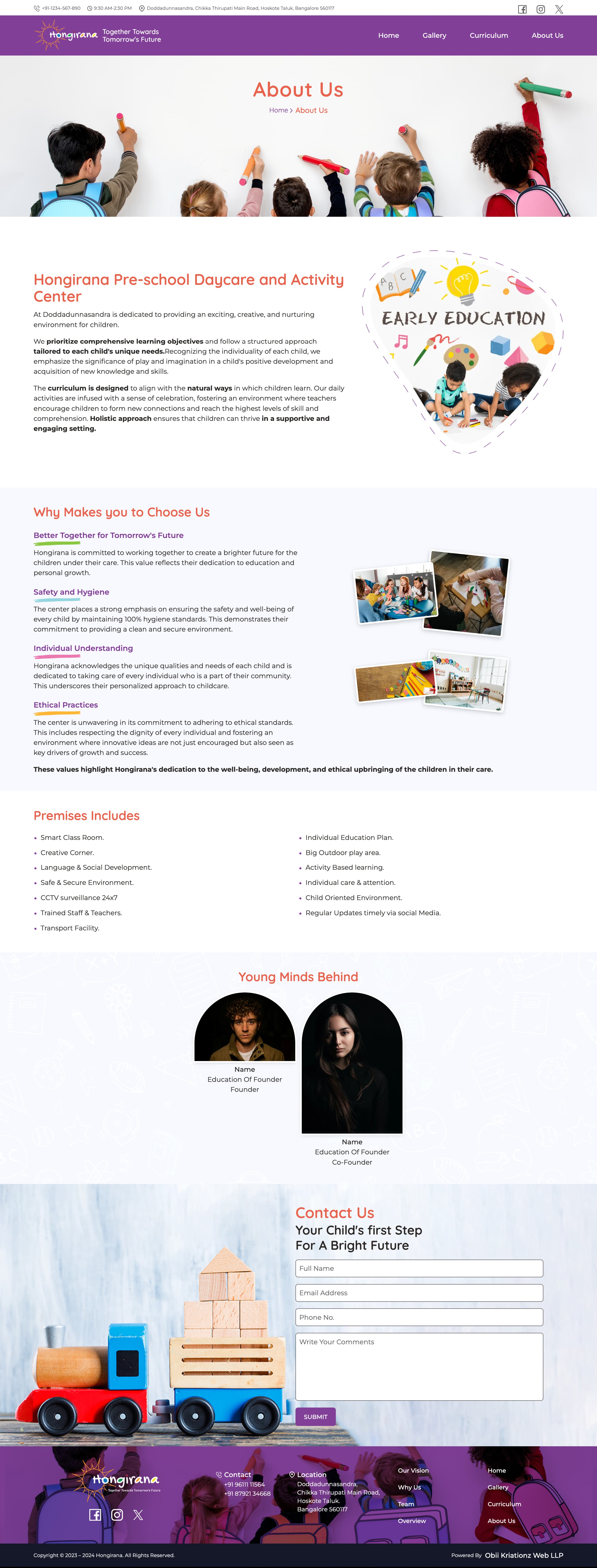 Hongirana about page with school introduction, values, premises, team, and contact form.