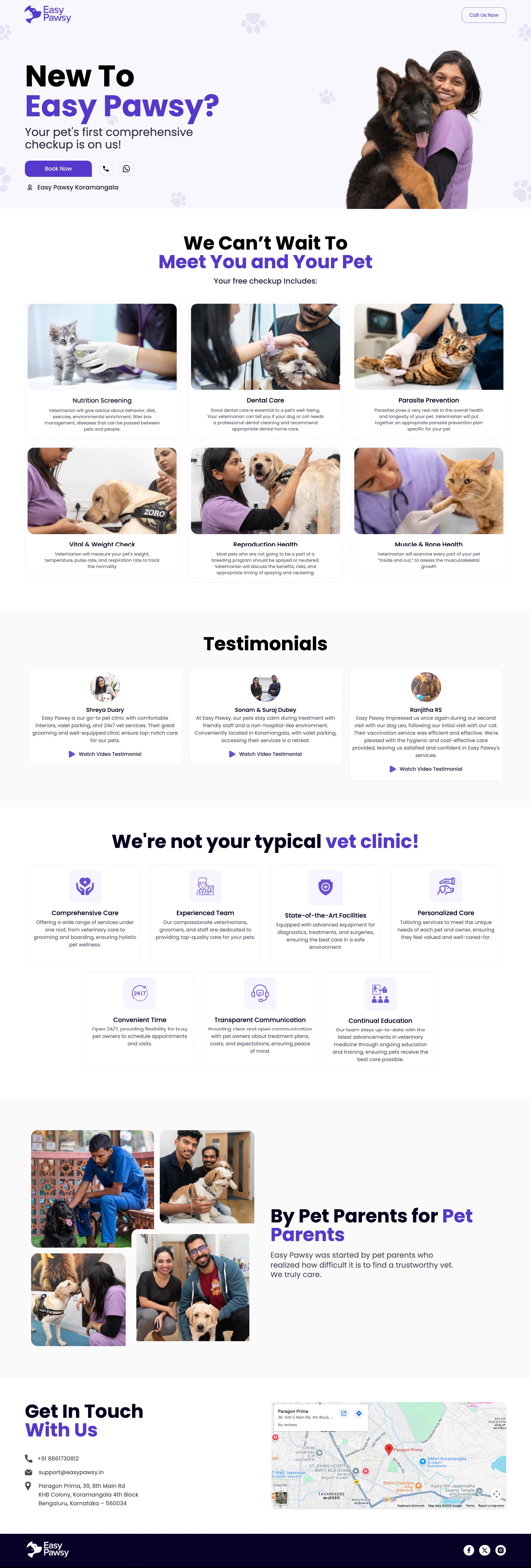 Easy Pawsy veterinary website full homepage from hero through services, testimonials, features, about, and contact.