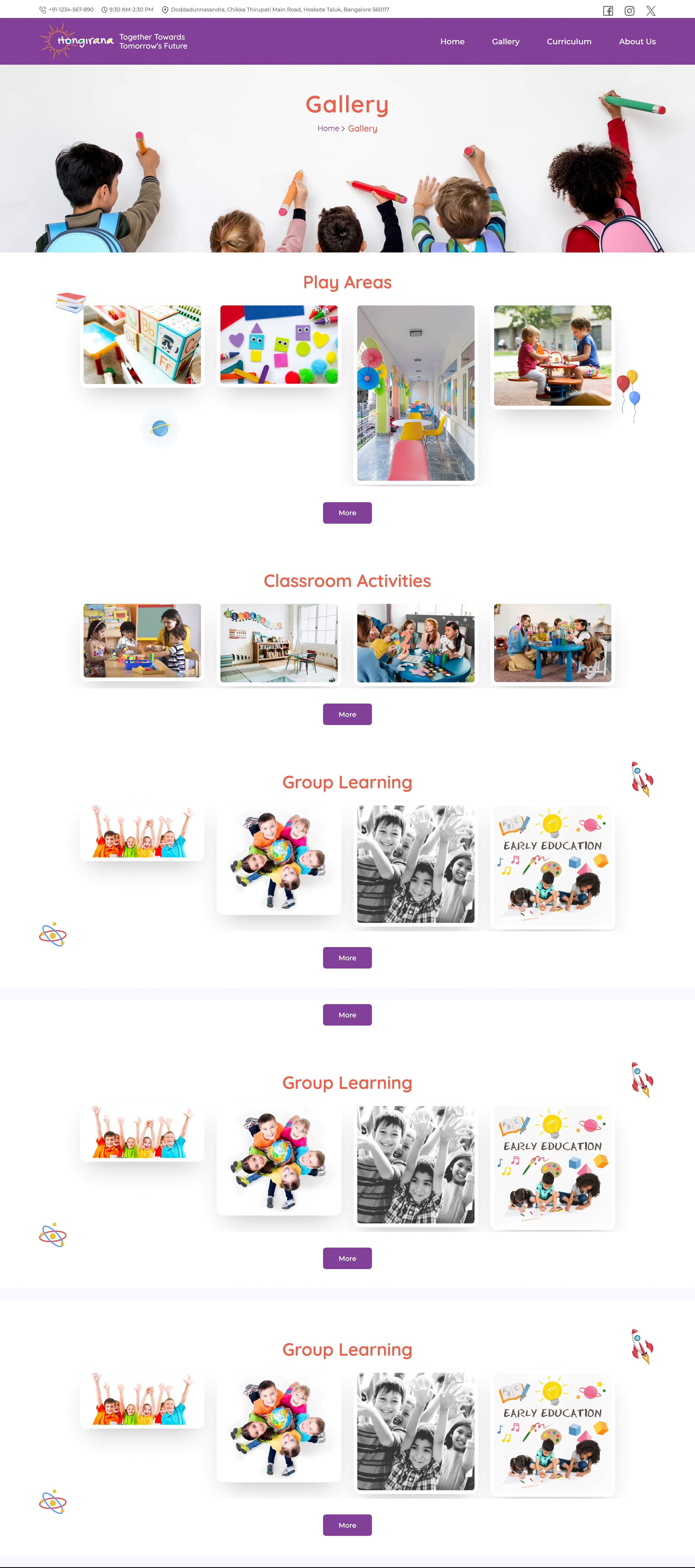 Hongirana gallery page with play areas, classroom activities, and group learning photo sections.