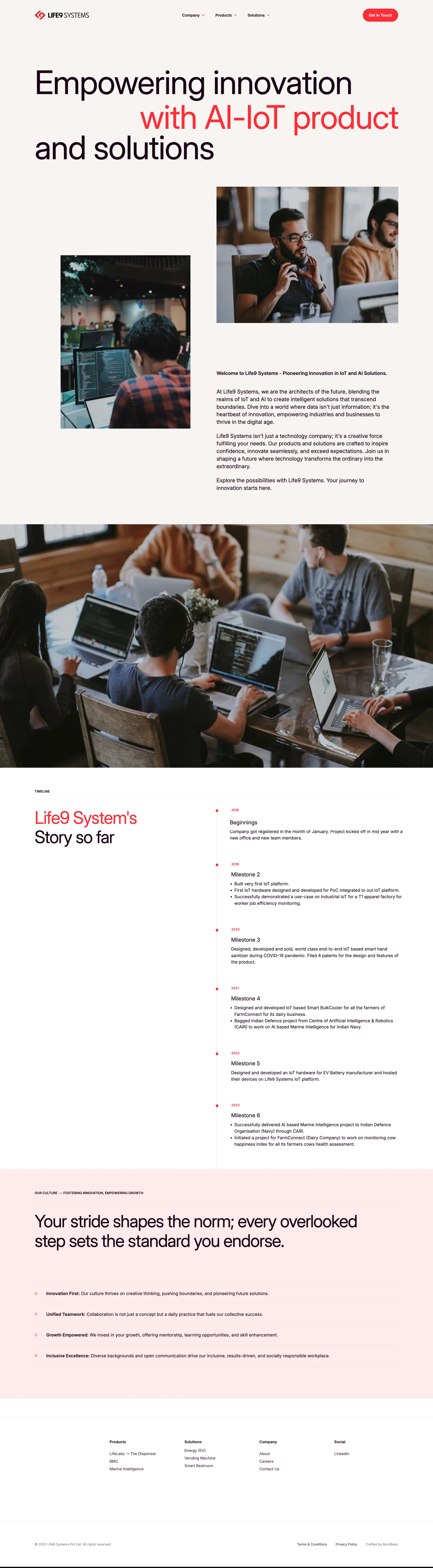 IoT platform about page with company introduction, photography, and a timeline of milestones.