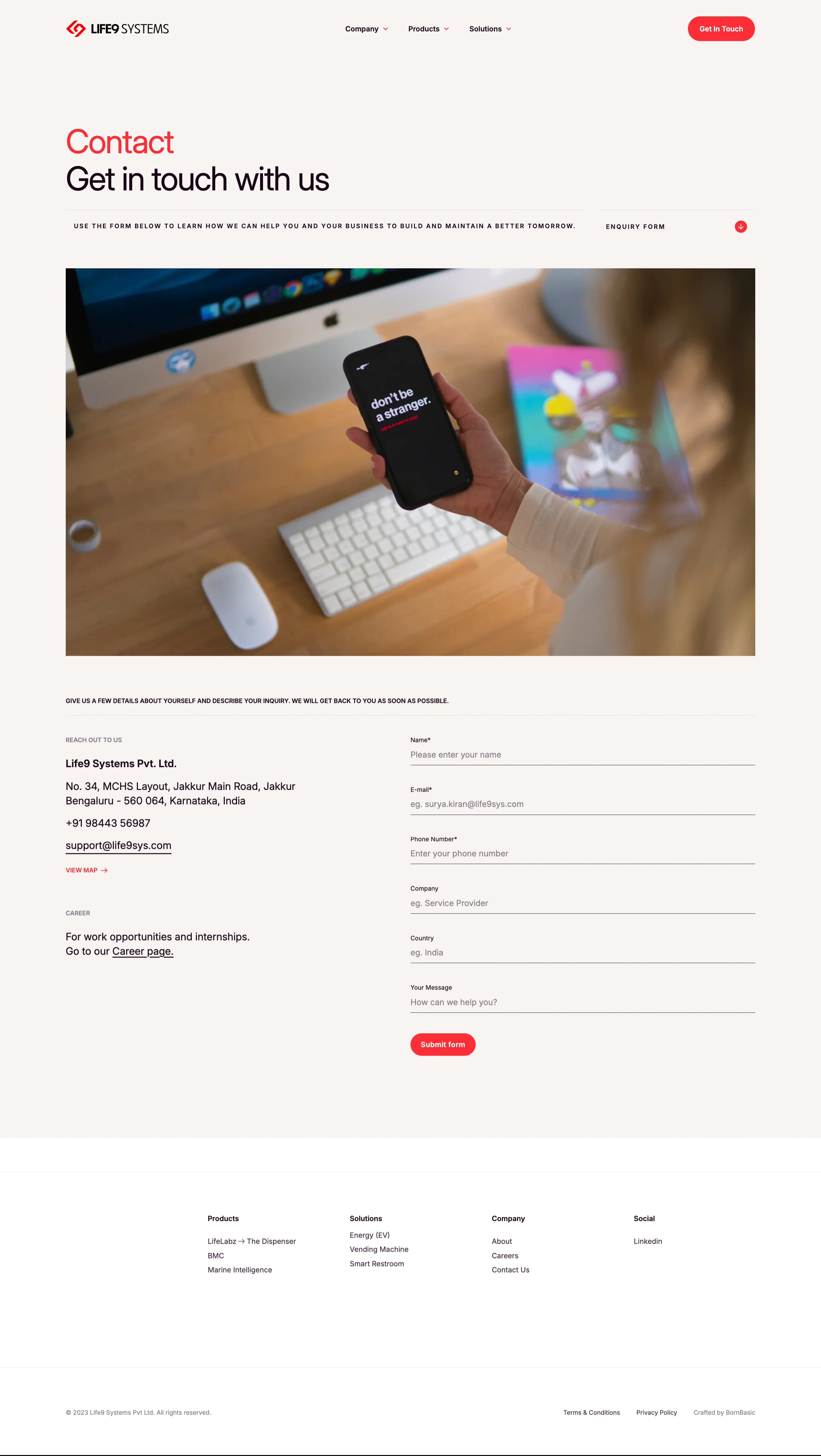 IoT platform contact page with enquiry form, address, phone, and email.