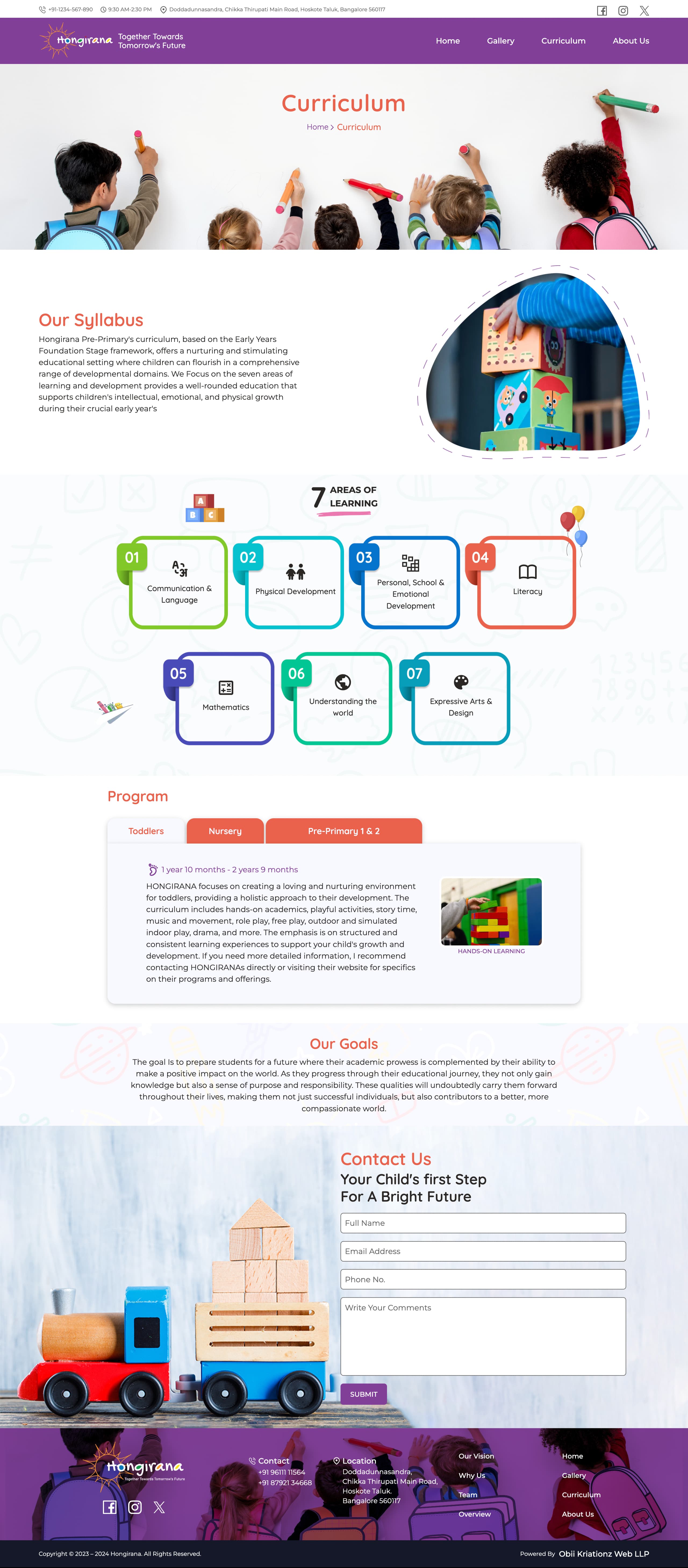 Hongirana curriculum page with seven areas of learning, program tabs, and school goals.