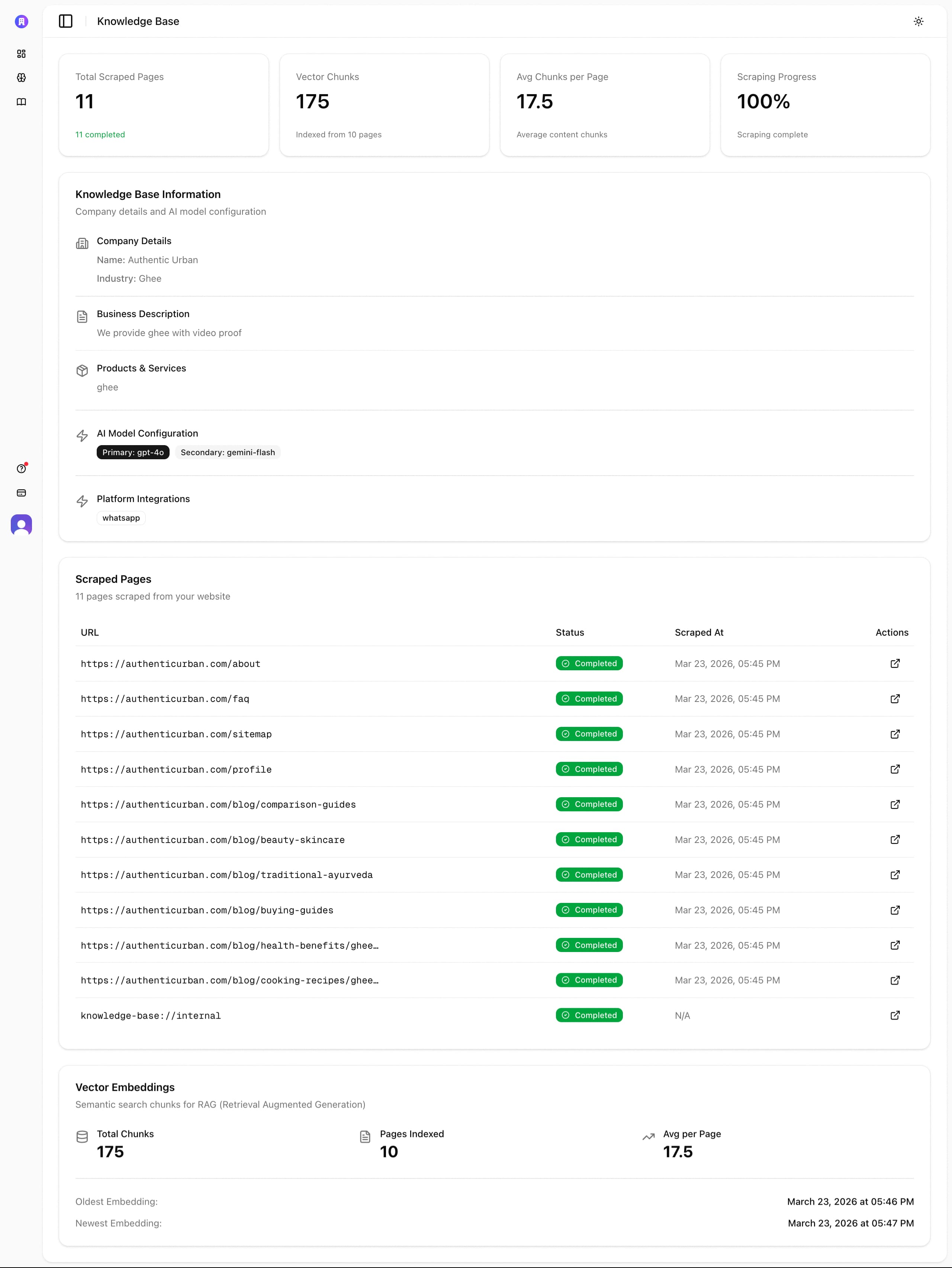 Knowledge base view showing scraped pages, company context, and RAG vector-chunk stats for Authentic Urban.
