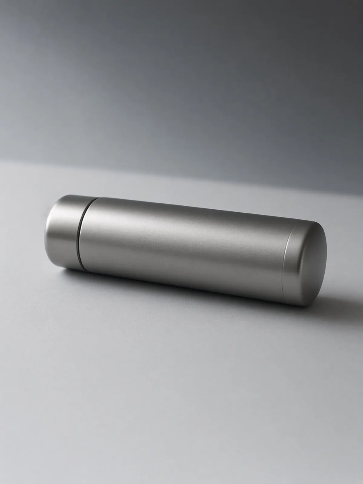 A steel thermos lying on its side on a desk
